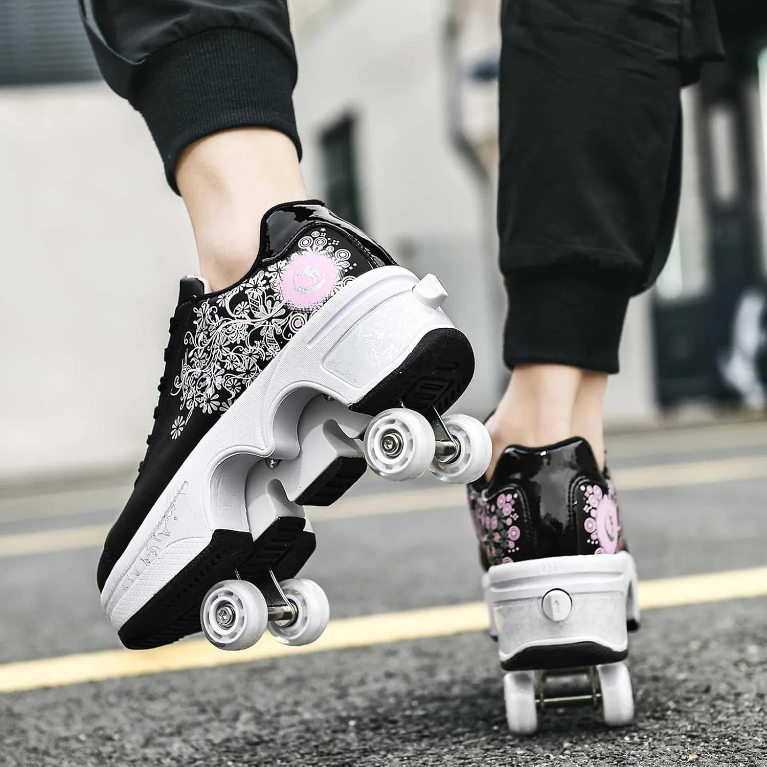 2-in-1 Retractable Roller Skate Shoes for Women and Men - 4 Rounds Shoes That Turn Into Roller Skates With Removable Wheels for Girls and Boys