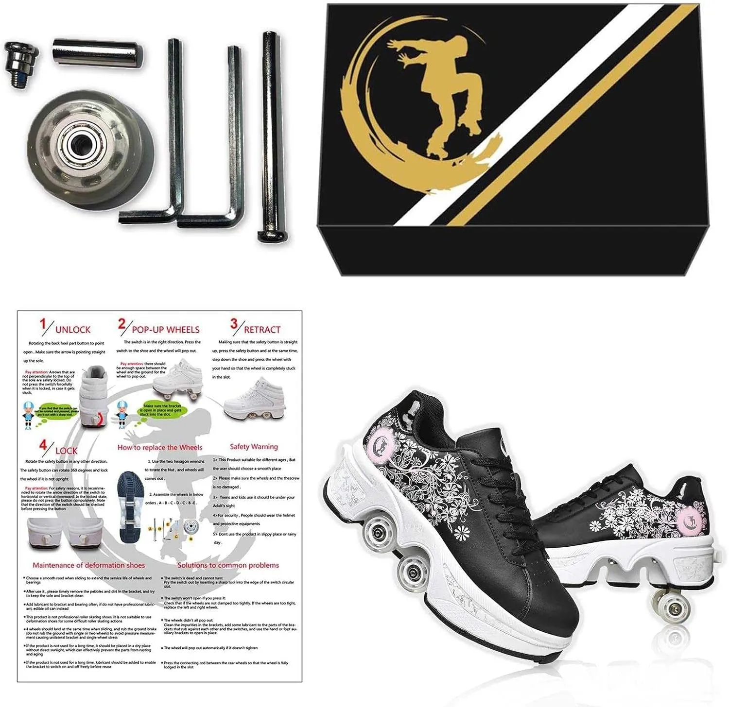2-in-1 Retractable Roller Skate Shoes for Women and Men - 4 Rounds Shoes That Turn Into Roller Skates With Removable Wheels for Girls and Boys