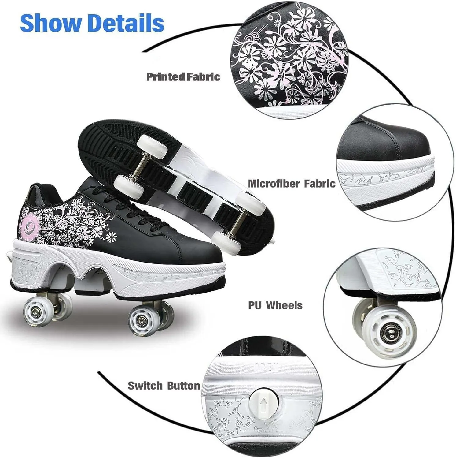2-in-1 Retractable Roller Skate Shoes for Women and Men - 4 Rounds Shoes That Turn Into Roller Skates With Removable Wheels for Girls and Boys