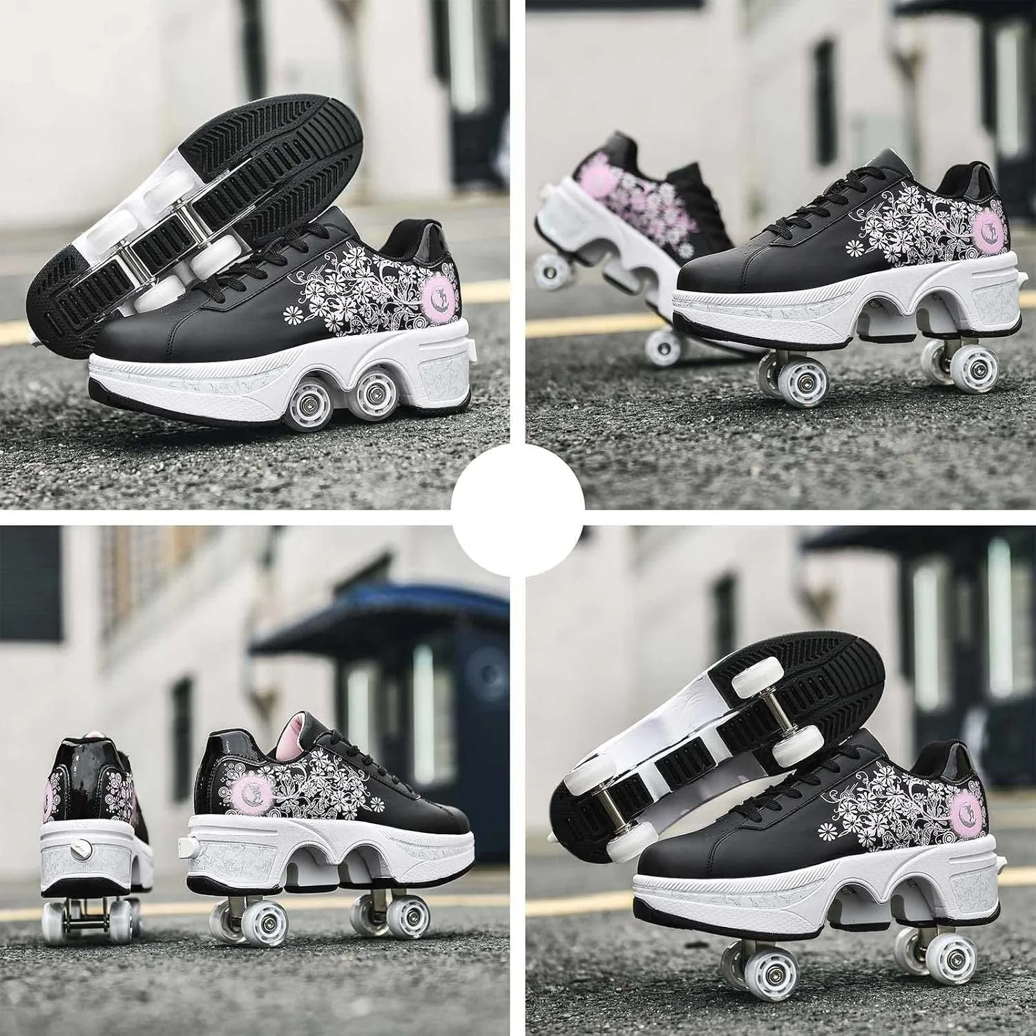 2-in-1 Retractable Roller Skate Shoes for Women and Men - 4 Rounds Shoes That Turn Into Roller Skates With Removable Wheels for Girls and Boys