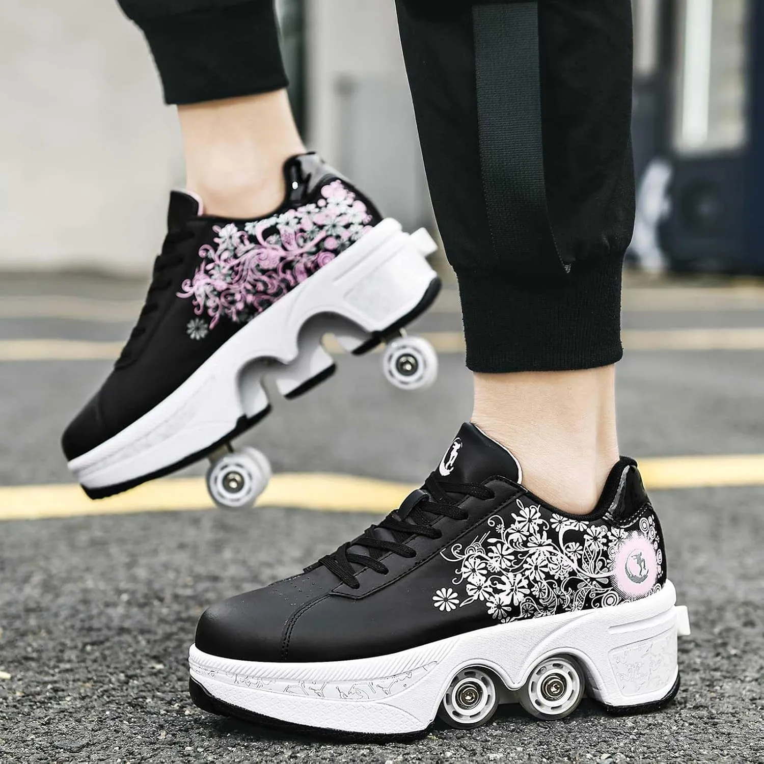 2-in-1 Retractable Roller Skate Shoes for Women and Men - 4 Rounds Shoes That Turn Into Roller Skates With Removable Wheels for Girls and Boys