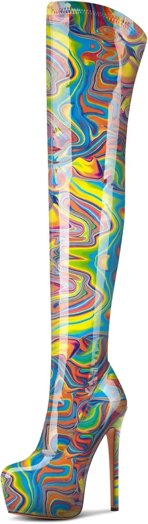 Aachcol Patent Leather Over The Knee Stiletto Boots Platform Thigh High Boots Round Toe Side Zipper Sexy Dress High Heel Boots 5.9 Inches Heels