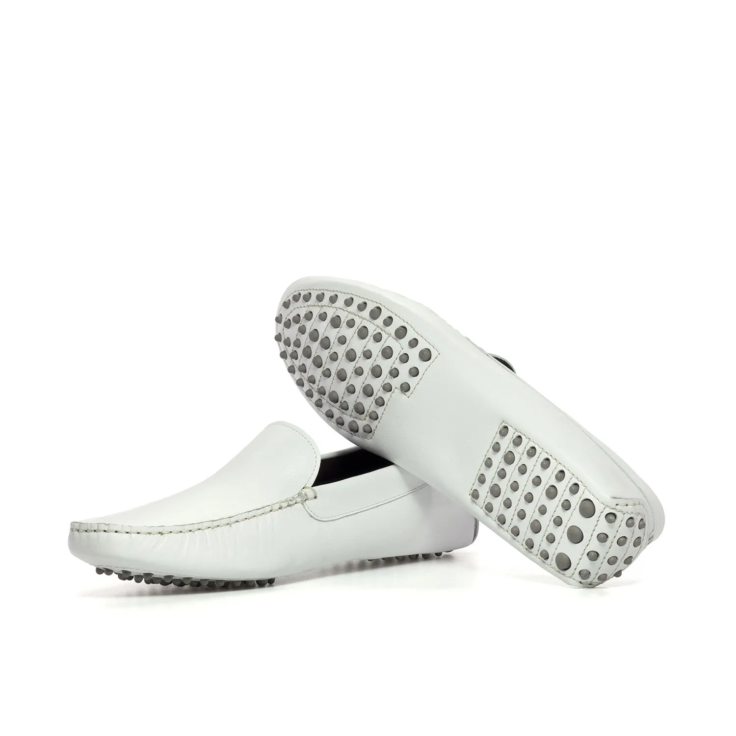 Ambrogio Luxury Men's Shoes White Nappa Leather Driver Loafers (AMB2535)