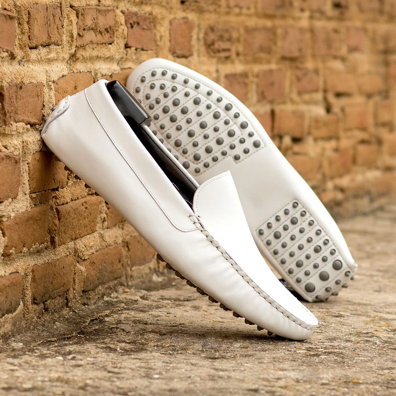 Ambrogio Luxury Men's Shoes White Nappa Leather Driver Loafers (AMB2535)