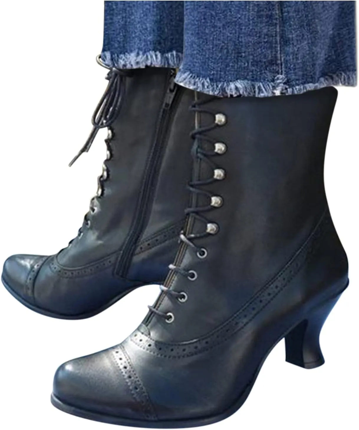 AMDBEL Cowboy Boots for Women, Snow Boots For Women Round Toe Zipper Flat Mid Boots Winter Warm Buckle Strap Snow Boots