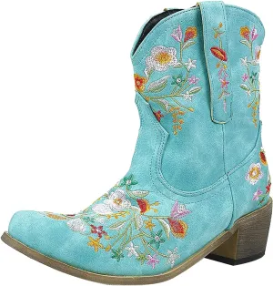 AMDBEL Wide Calf Boots for Women, Women's Boots Winter, Cowboy Boots for Women Mid Calf Cowgirl Western Boots Sunflower Embroidery Stitched Square Toe Low Heel Ankle Boots