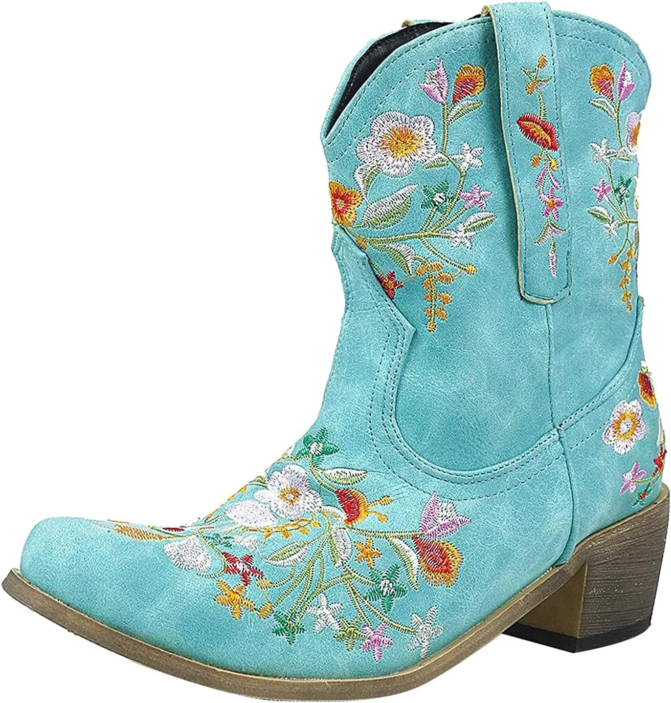 AMDBEL Wide Calf Boots for Women, Women's Boots Winter, Cowboy Boots for Women Mid Calf Cowgirl Western Boots Sunflower Embroidery Stitched Square Toe Low Heel Ankle Boots
