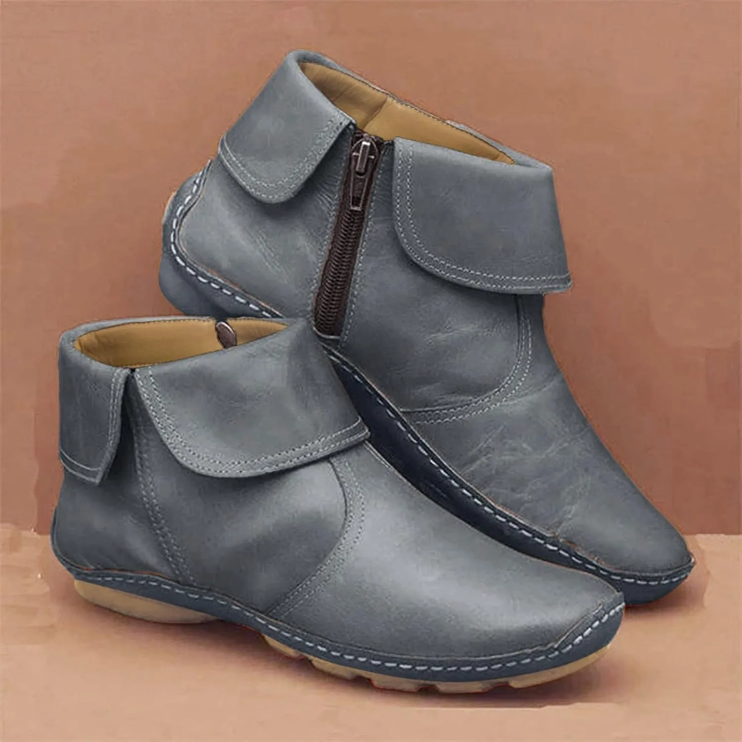 Ankle Booties for Women 2024 Side Zipper Vintage Leather Boots No Heel Arch Support Boots Flat Heel Casual Booties