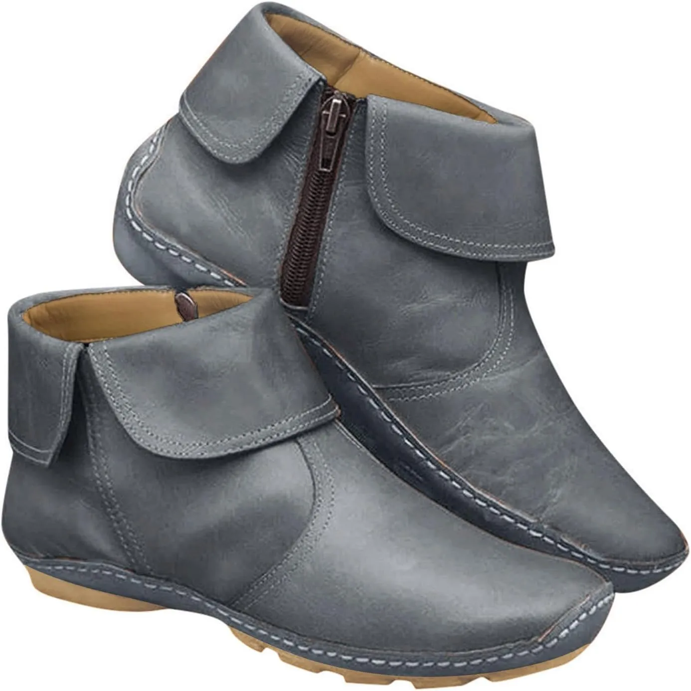 Ankle Booties for Women 2024 Side Zipper Vintage Leather Boots No Heel Arch Support Boots Flat Heel Casual Booties