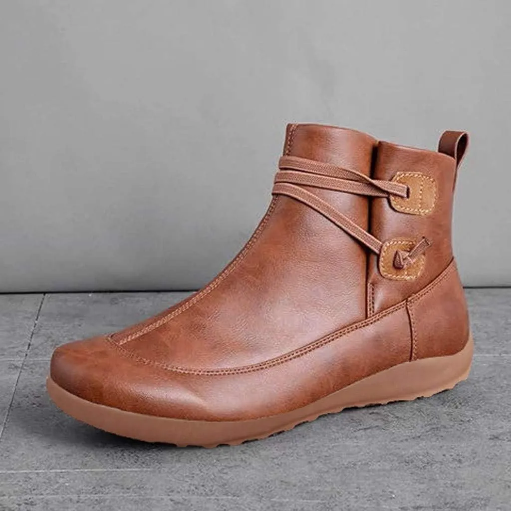 Ankle Boots for Women Fashion Arch Support Flat Heel Boots Vintage Leather Side Zip up Booties with Fall Winter