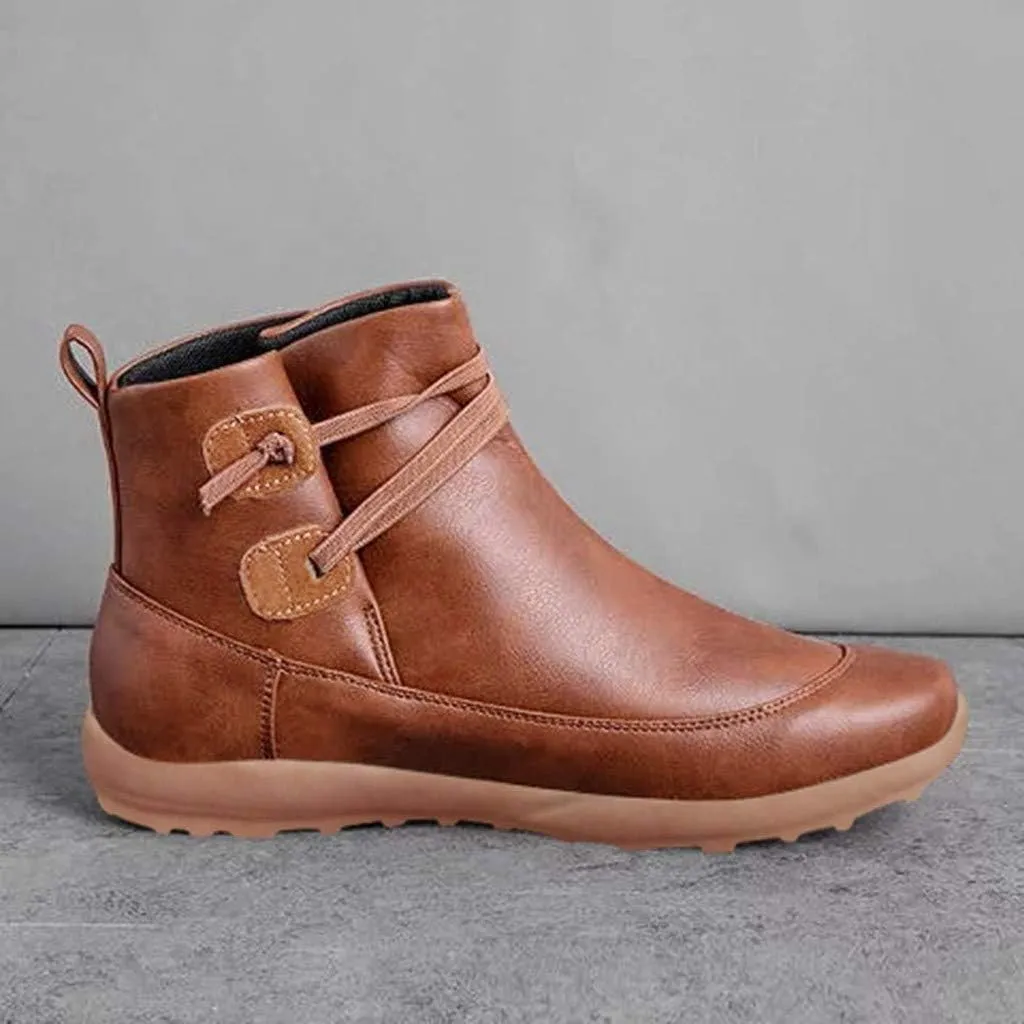 Ankle Boots for Women Fashion Arch Support Flat Heel Boots Vintage Leather Side Zip up Booties with Fall Winter