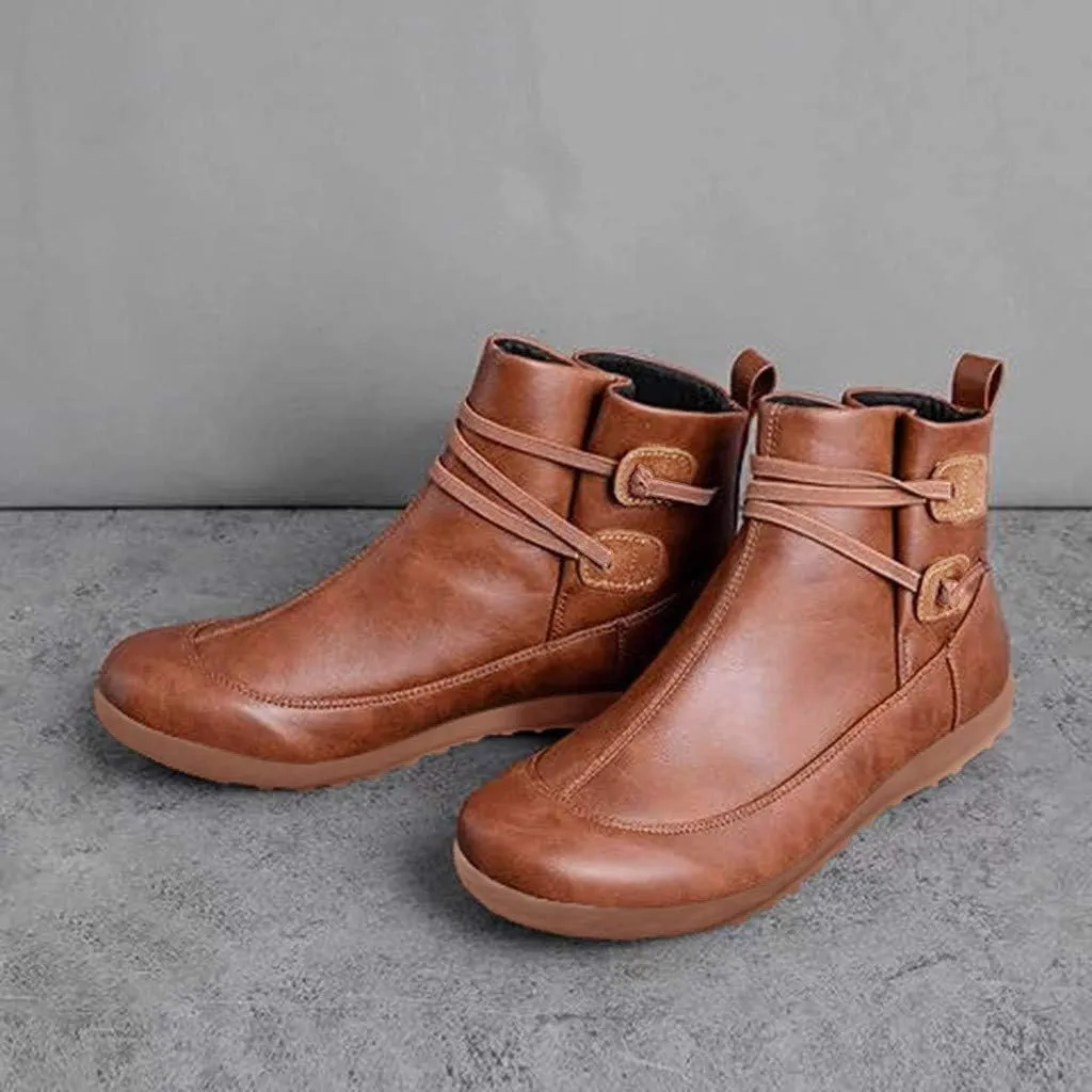 Ankle Boots for Women Fashion Arch Support Flat Heel Boots Vintage Leather Side Zip up Booties with Fall Winter