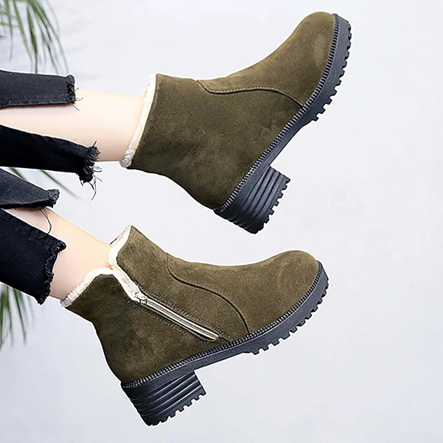 Ankle Boots for Women Low Heel Side Zipper Dress Boots Plush Lined Womens Boots Mid Calf Square Heel Hiking Boots