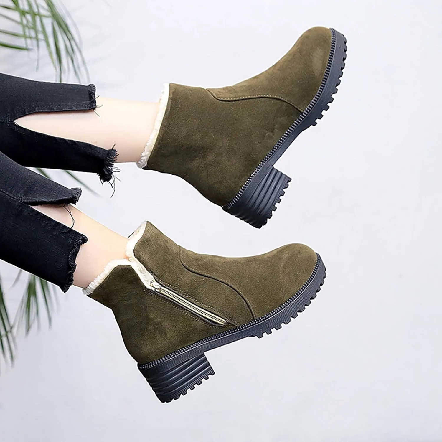 Ankle Boots for Women Low Heel Side Zipper Dress Boots Plush Lined Womens Boots Mid Calf Square Heel Hiking Boots