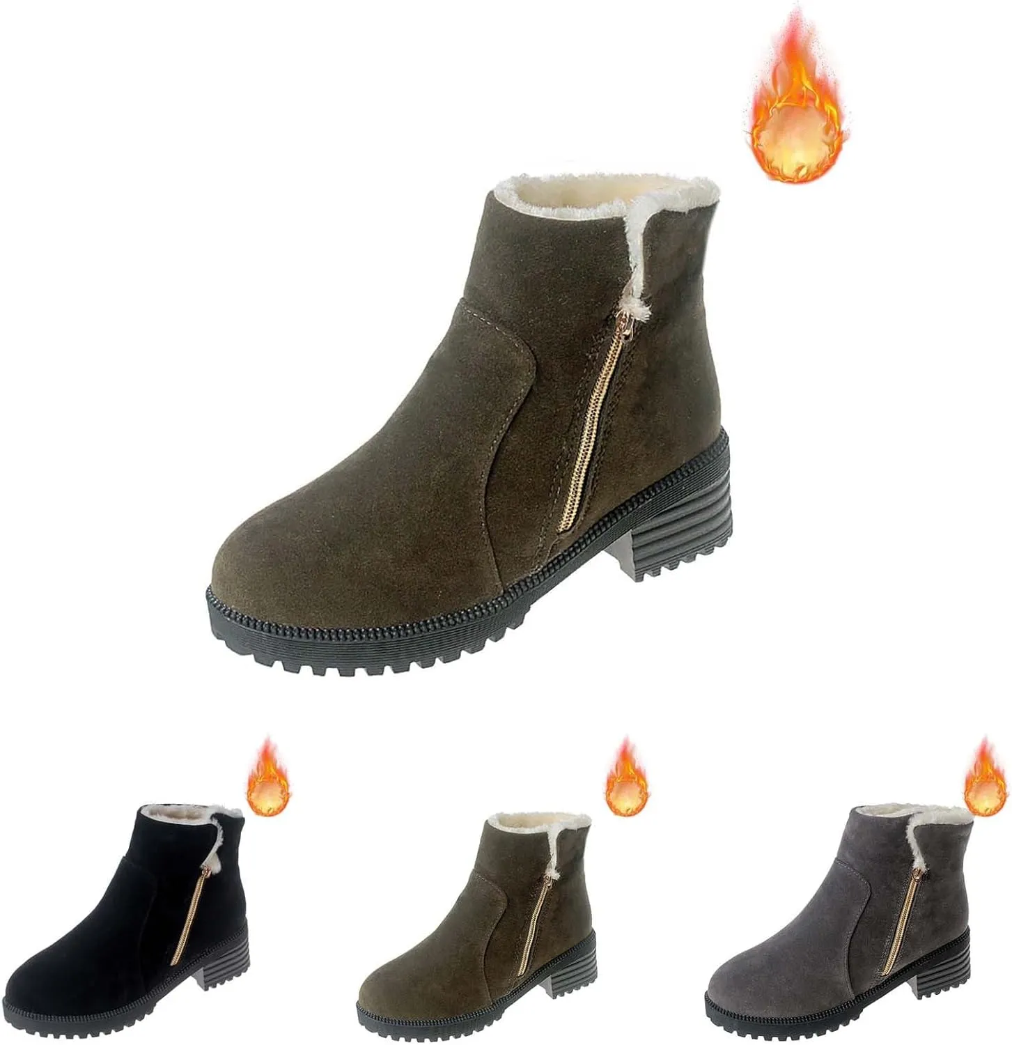 Ankle Boots for Women Low Heel Side Zipper Dress Boots Plush Lined Womens Boots Mid Calf Square Heel Hiking Boots