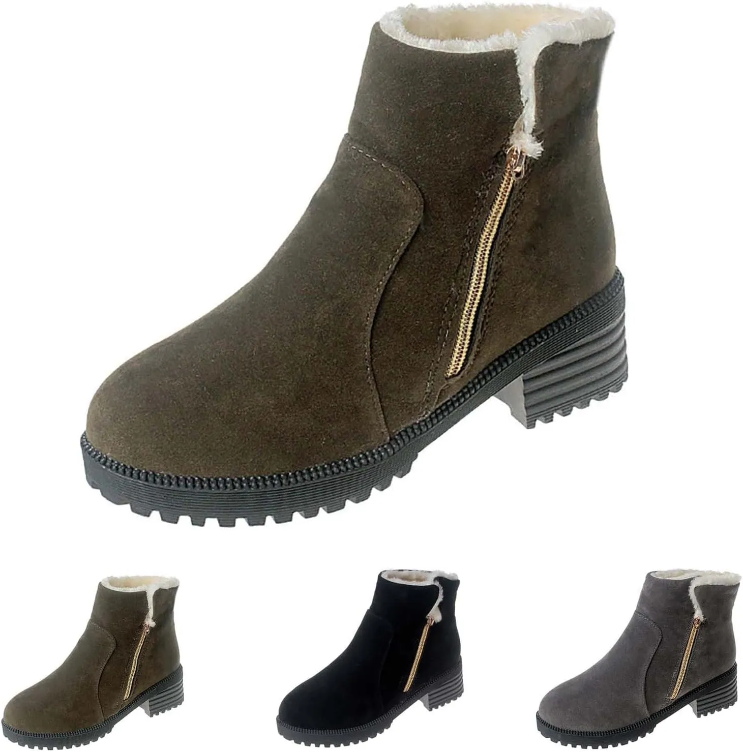 Ankle Boots for Women Low Heel Side Zipper Dress Boots Plush Lined Womens Boots Mid Calf Square Heel Hiking Boots