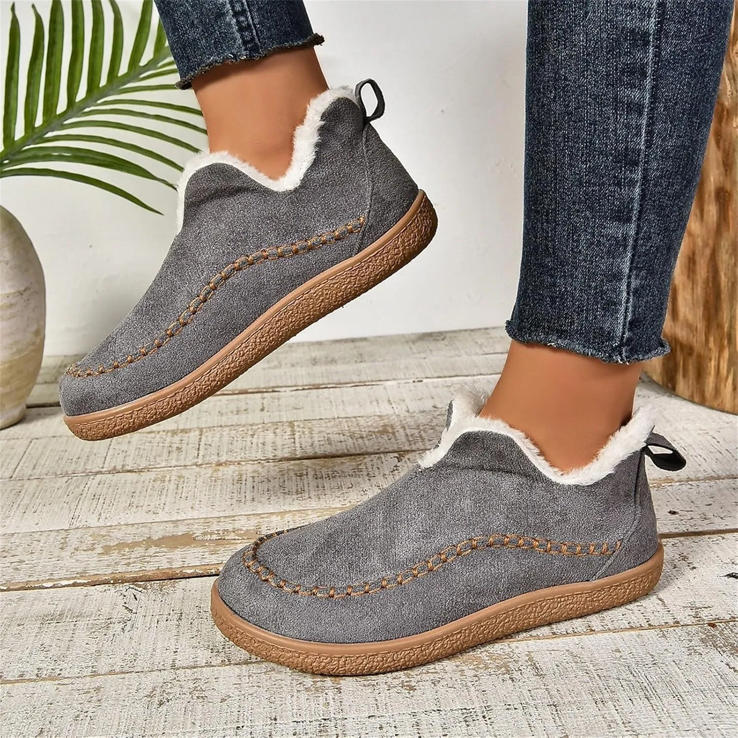 Ankle Boots for Women Low Heel Slip On Walking Shoes Hiking Boots Women Waterproof Round Toe Flat Casual Shoes