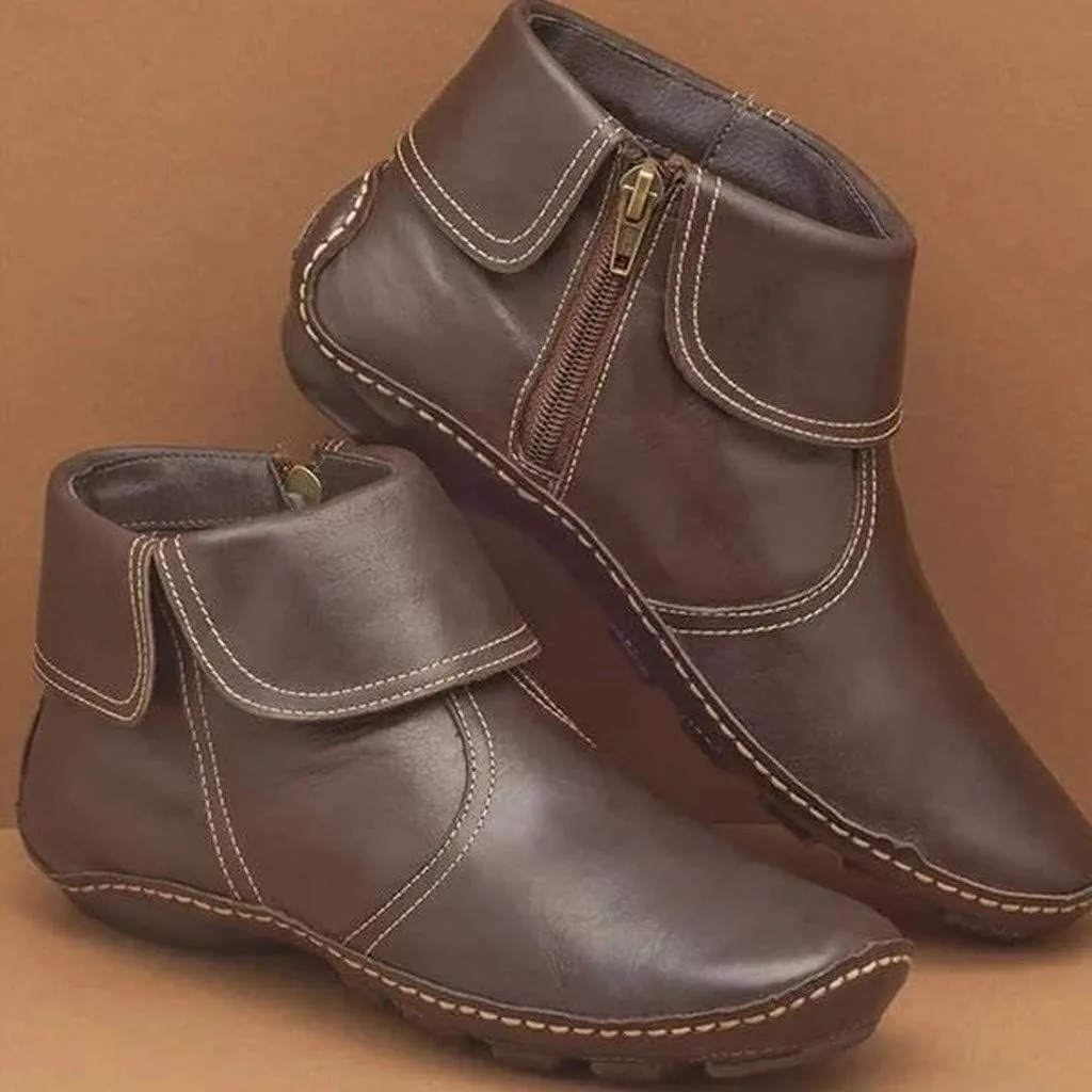 Ankle Boots for Women Side Zipper Vintage Leather Boots No Heel Arch Support Booties Flat Heel Casual Booties