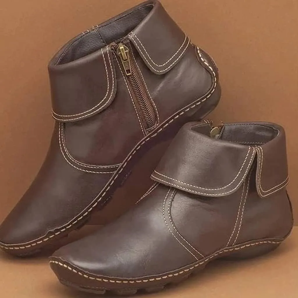 Ankle Boots for Women Side Zipper Vintage Leather Boots No Heel Arch Support Booties Flat Heel Casual Booties