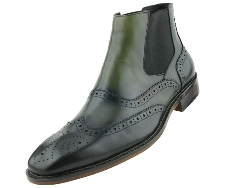 Asher Green Wingtip Leather Chelsea Boots Men’s Olive Green Ag2632