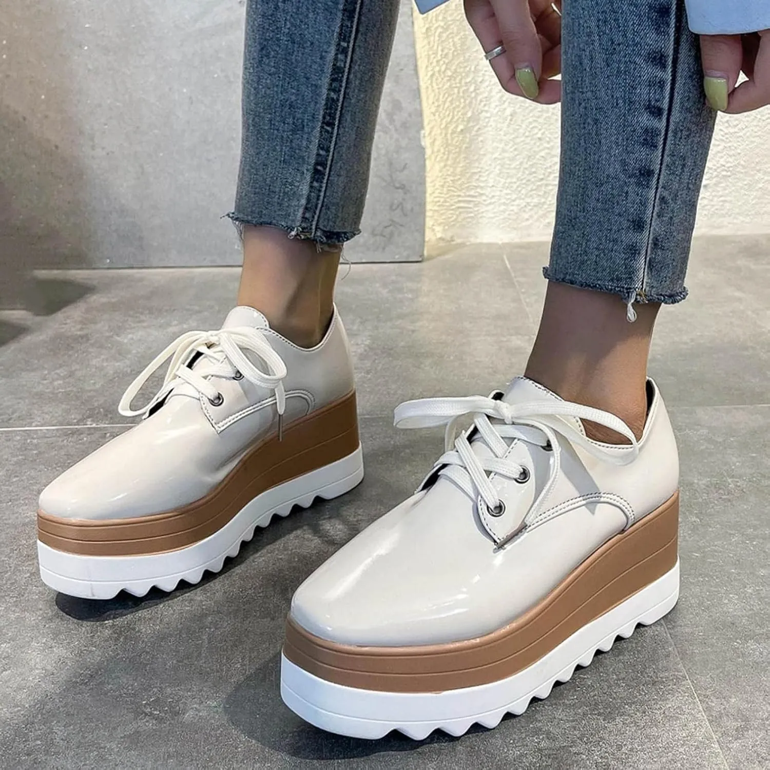 Bcshiye Women's Casual Summer Dressy Platform Sandals Fashion Square Toe Lace-up Working Walking Wedge Oxford Shoes