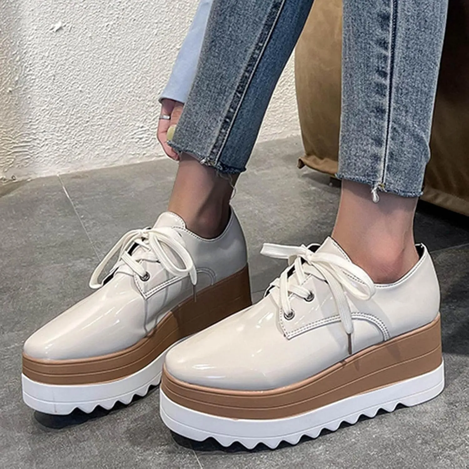 Bcshiye Women's Casual Summer Dressy Platform Sandals Fashion Square Toe Lace-up Working Walking Wedge Oxford Shoes