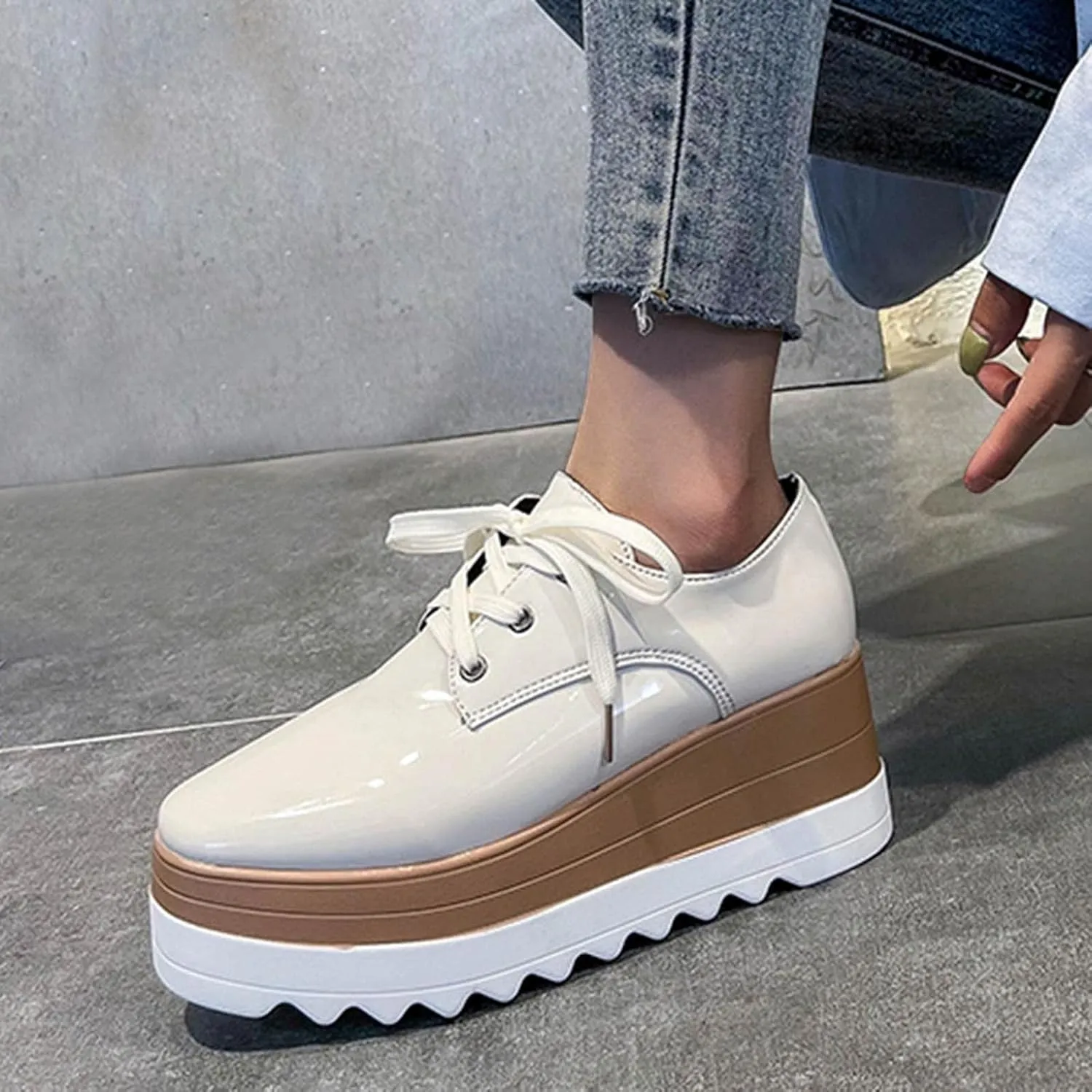 Bcshiye Women's Casual Summer Dressy Platform Sandals Fashion Square Toe Lace-up Working Walking Wedge Oxford Shoes