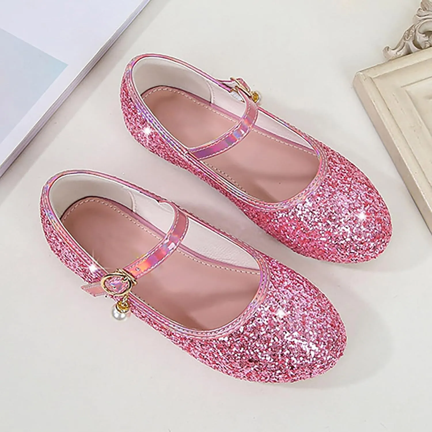 Big Kids Girls Glitter Sequins Mary Jane Shoes, Toddler Girls Flat Bottom Dress Shoes for Wedding Party Shoes