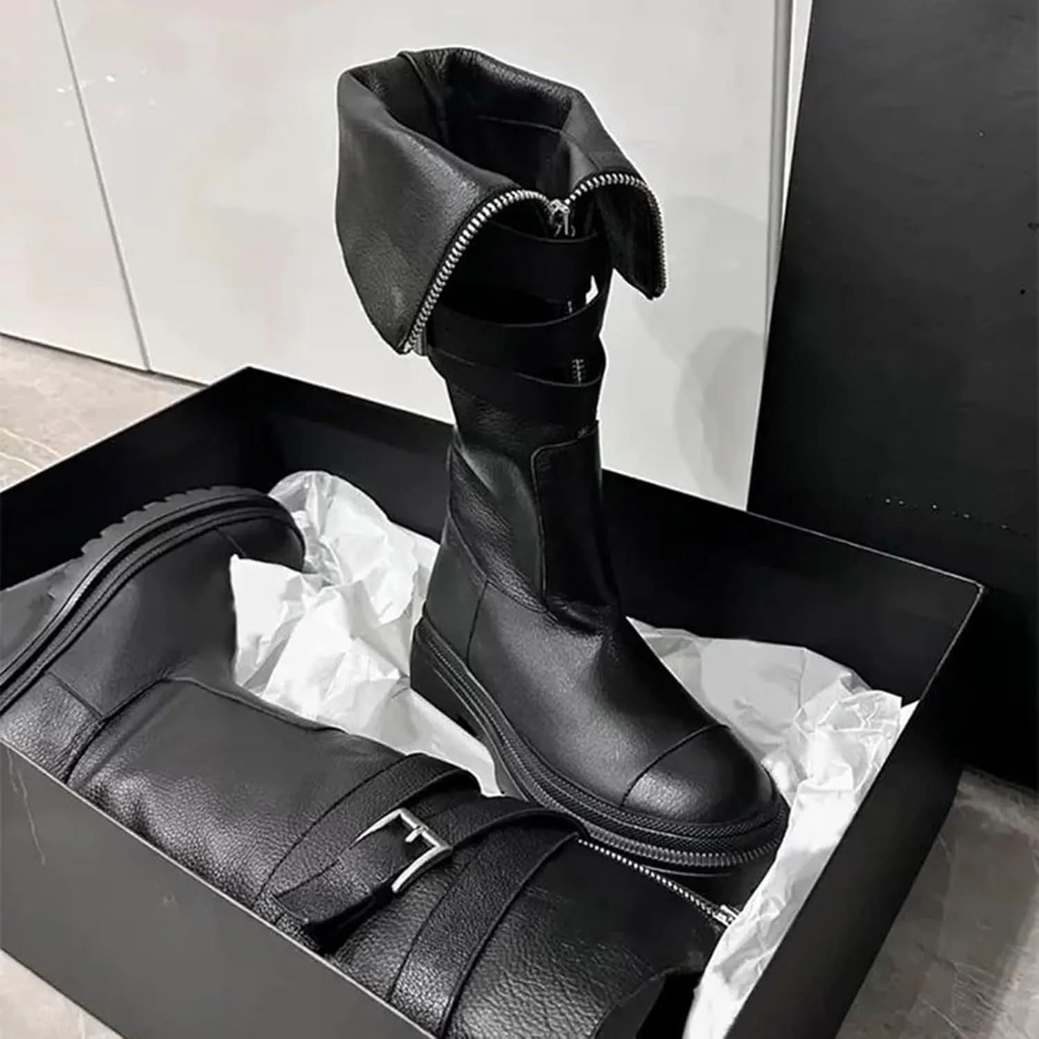 Black Combat Boots Women Platform Boots for Women Mid Calf Boots Thick Sole Round Toe Non Slip Boots Fashion Outdoor
