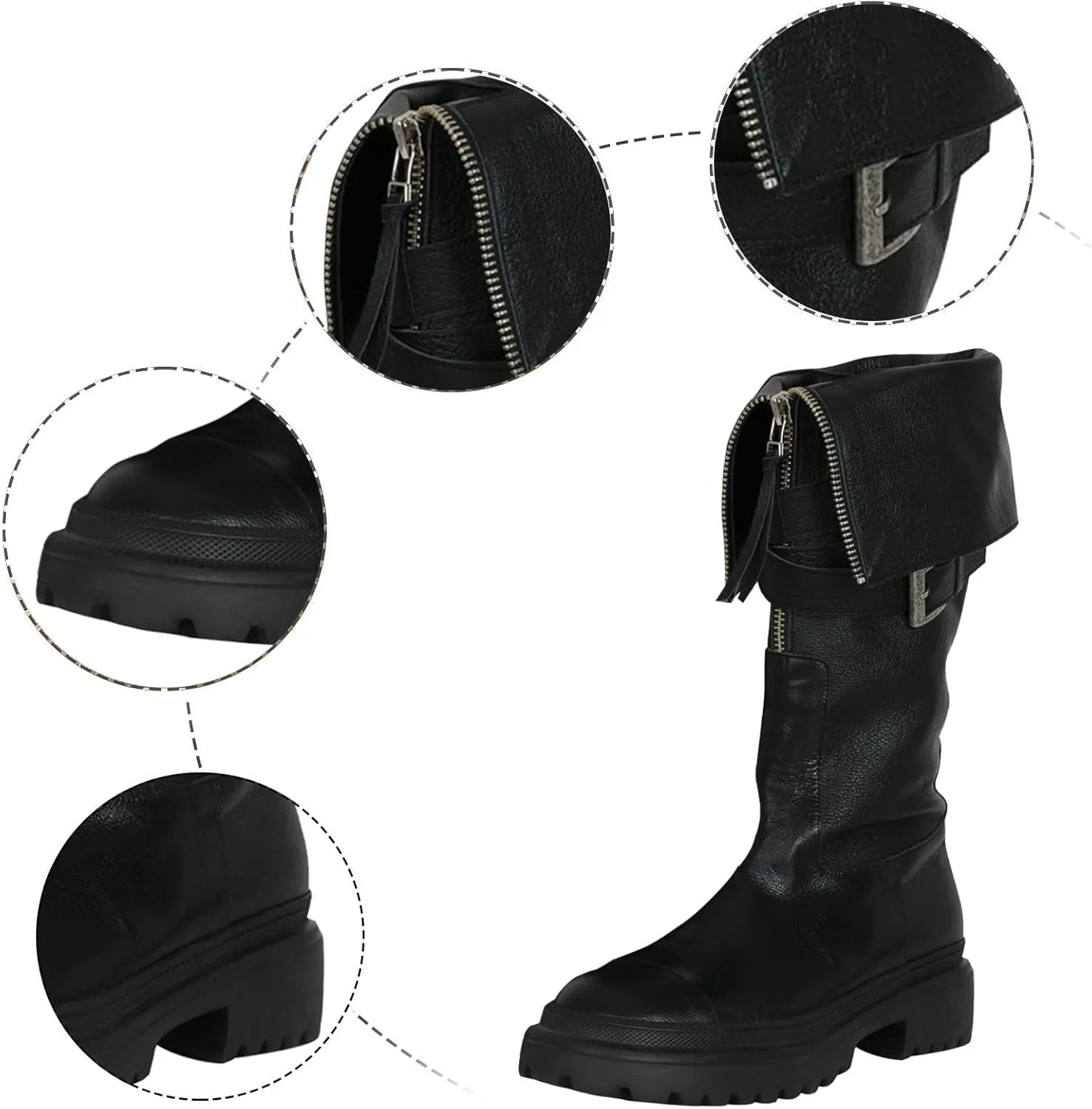 Black Combat Boots Women Platform Boots for Women Mid Calf Boots Thick Sole Round Toe Non Slip Boots Fashion Outdoor