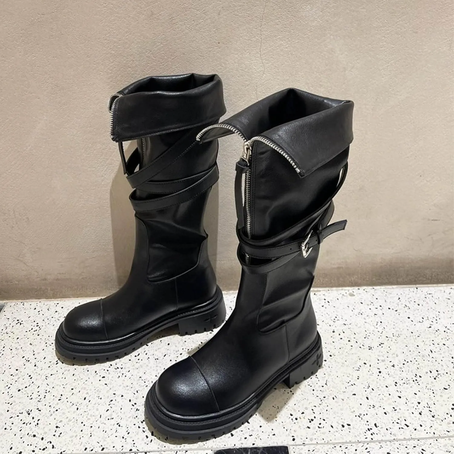 Black Combat Boots Women Platform Boots for Women Mid Calf Boots Thick Sole Round Toe Non Slip Boots Fashion Outdoor