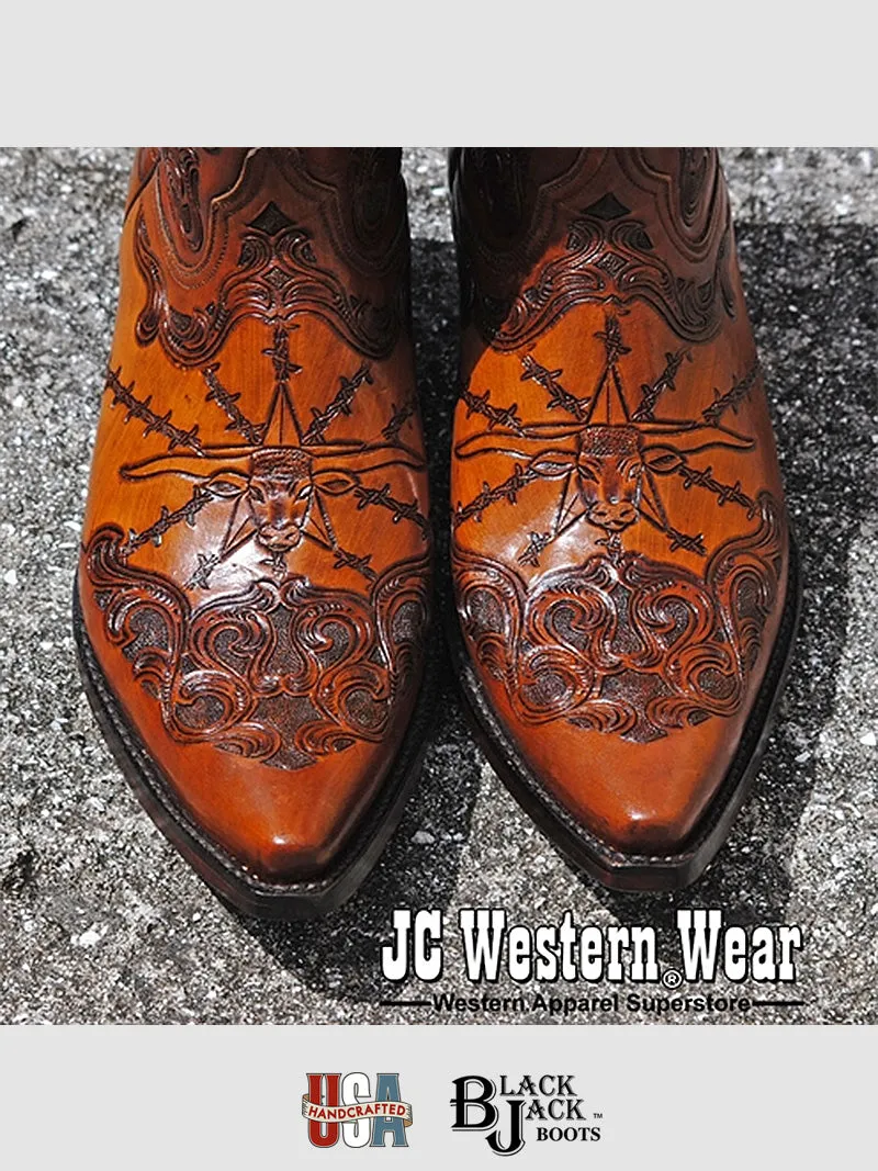 Black Jack HT-103-54 Mens Handtooled Longhorn Boots Cognac