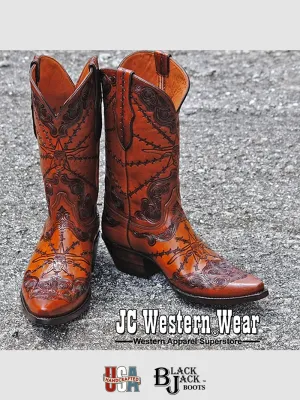 Black Jack HT-103-54 Mens Handtooled Longhorn Boots Cognac