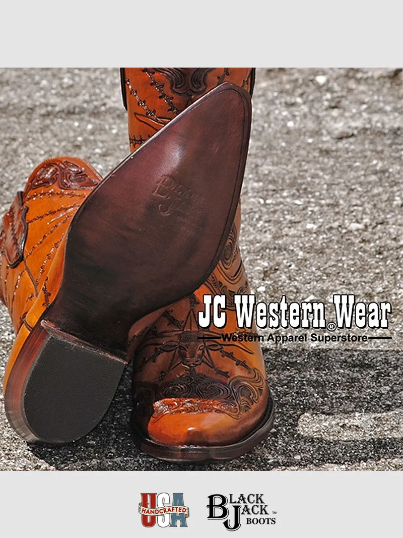 Black Jack HT-103-54 Mens Handtooled Longhorn Boots Cognac