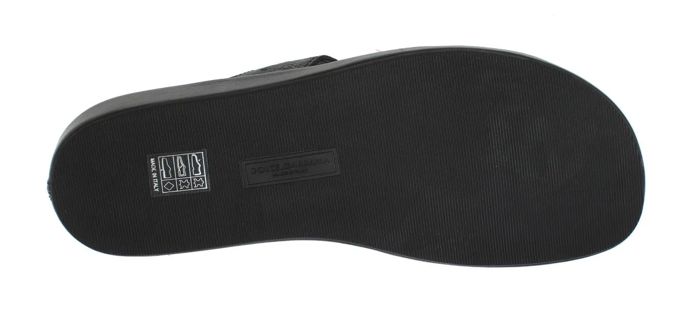 Black Ostrich Leather Slides Sandals