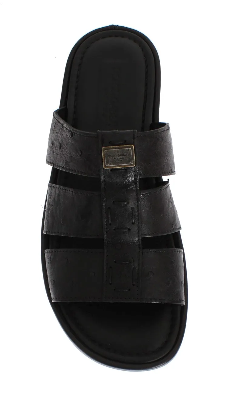 Black Ostrich Leather Slides Sandals