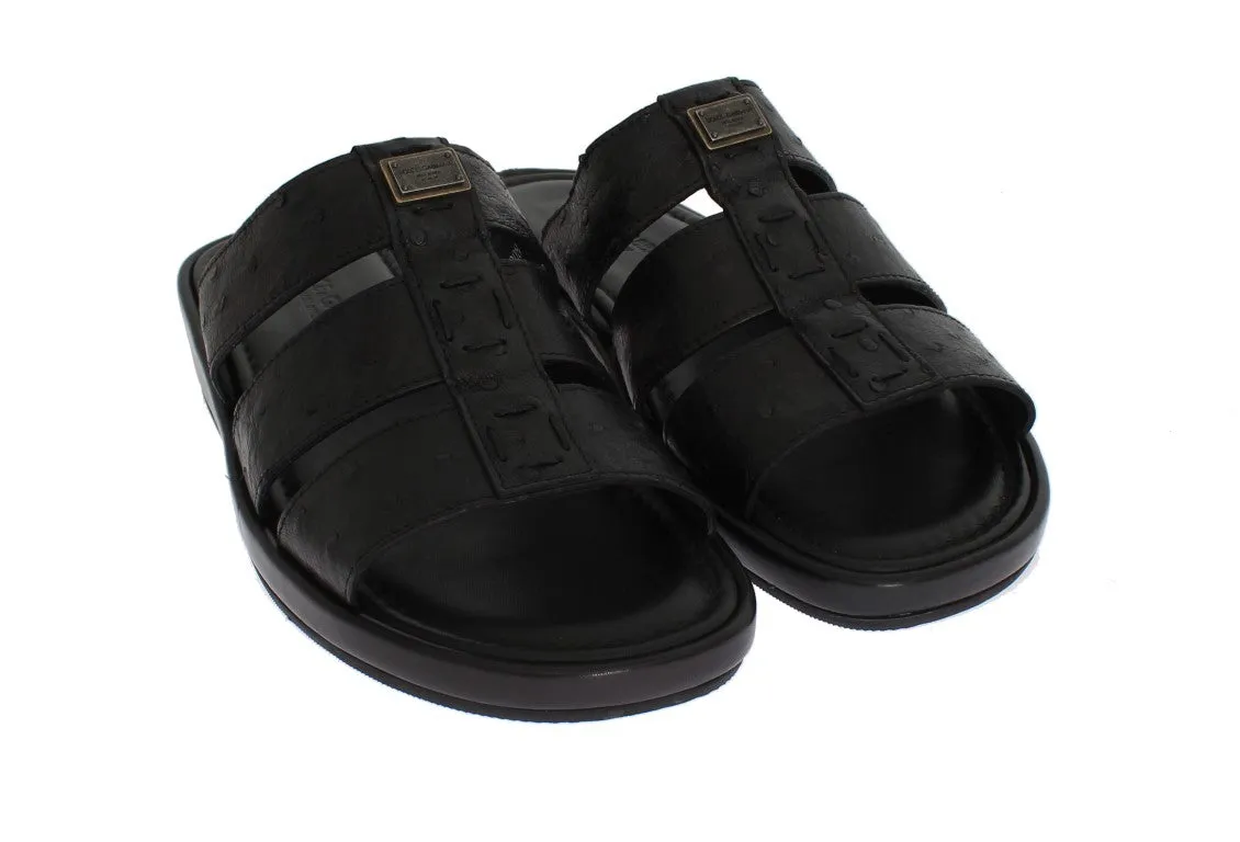 Black Ostrich Leather Slides Sandals