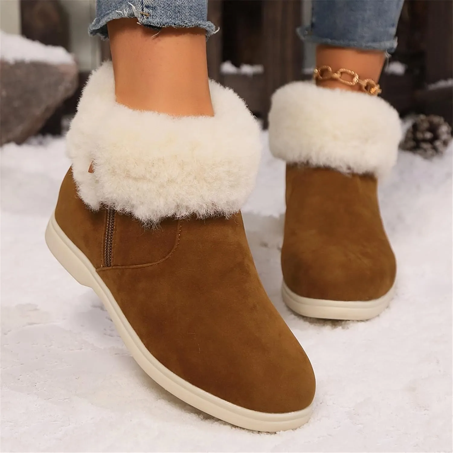 Boots for Women Ankle Booties Plush Lined Side Zipper Walking Boots Winter Boots for Women Non Slip Hiking Boots