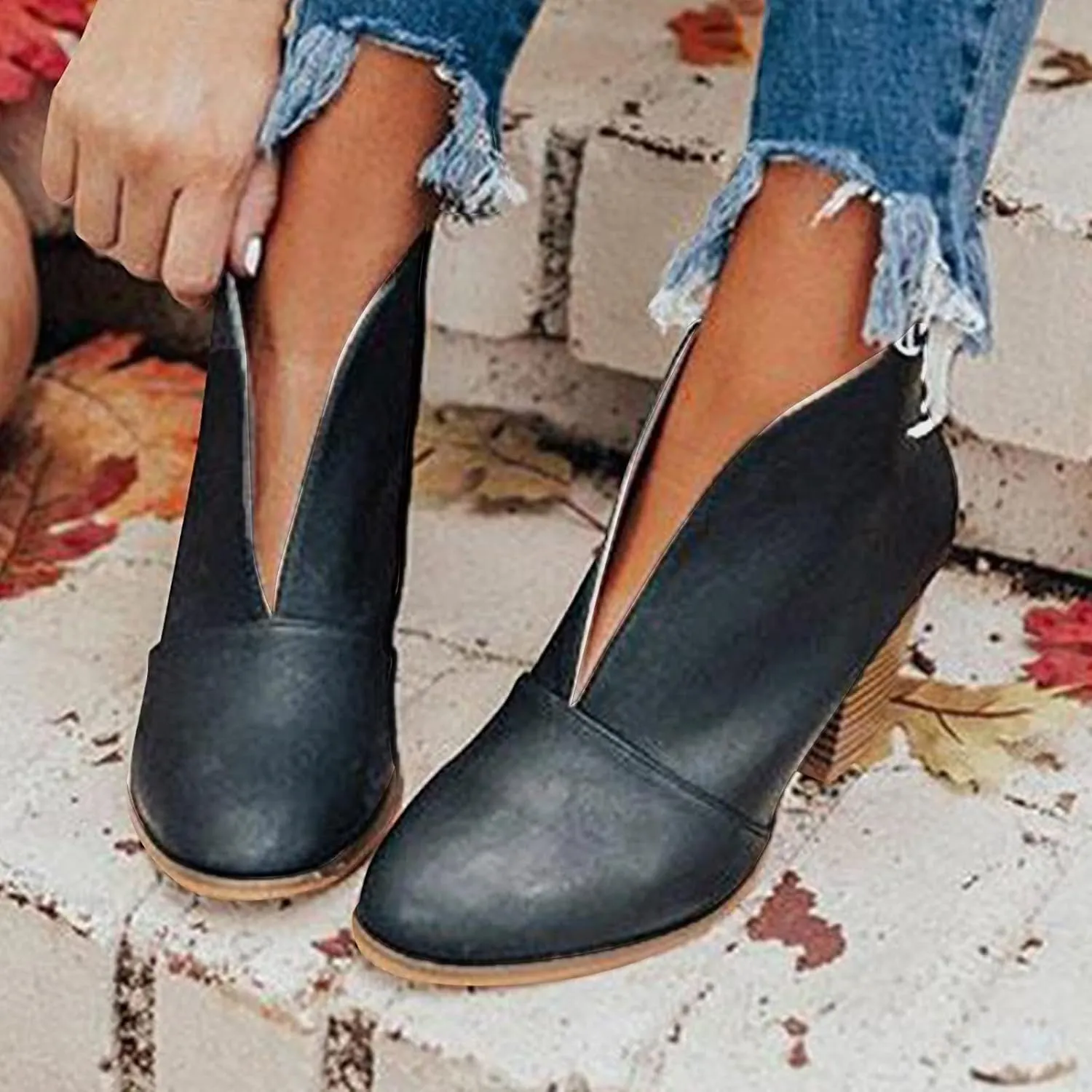 Boots for Women Dressy Fall Stylish Classic V Cut Pull On Ankle Boots Chunky Block Mid Stacked Heel Short Boots Arch Support Orthopedic Wedge Booties for Women Dressy Party