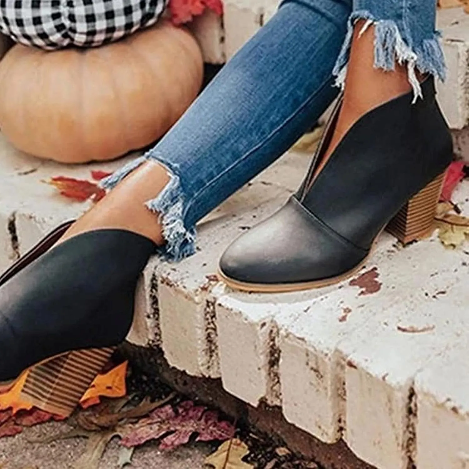 Boots for Women Dressy Fall Stylish Classic V Cut Pull On Ankle Boots Chunky Block Mid Stacked Heel Short Boots Arch Support Orthopedic Wedge Booties for Women Dressy Party