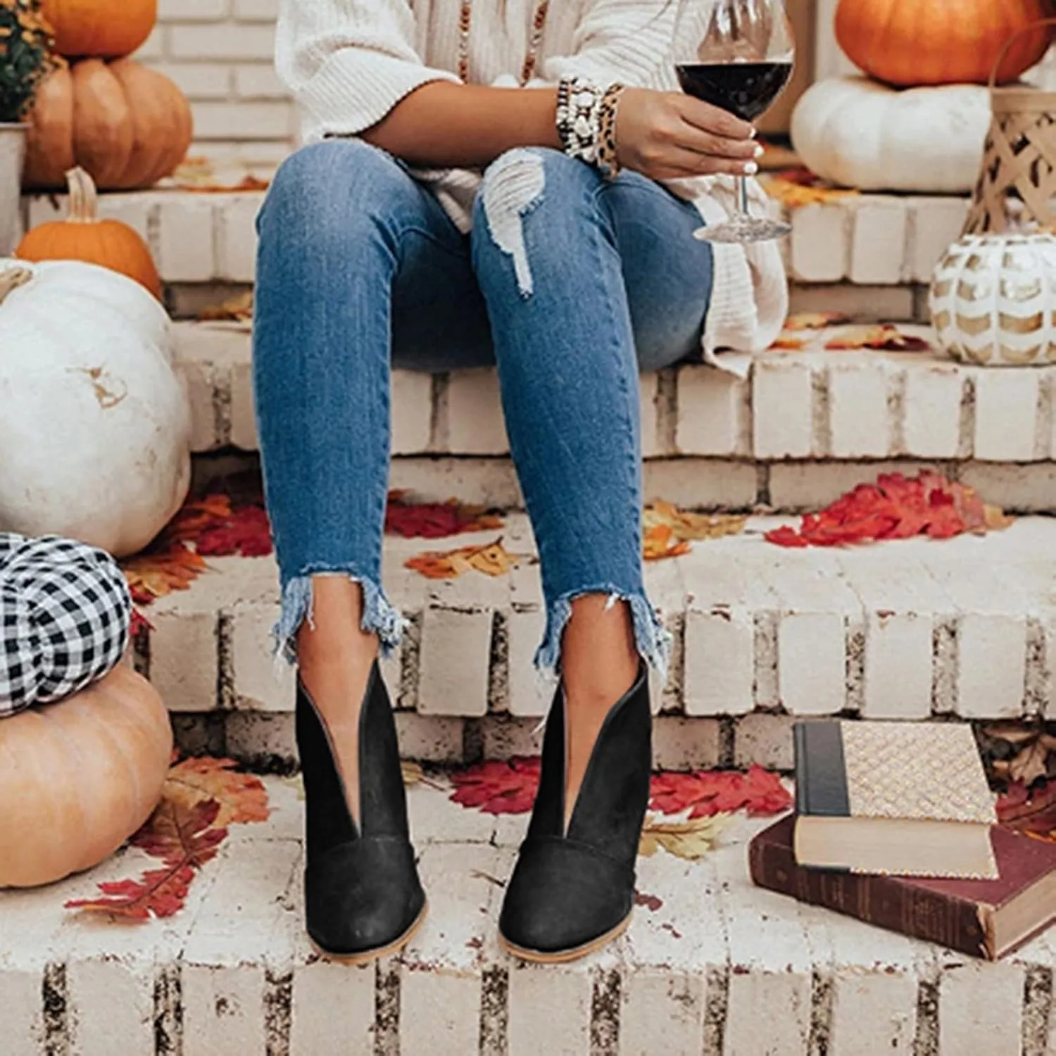 Boots for Women Dressy Fall Stylish Classic V Cut Pull On Ankle Boots Chunky Block Mid Stacked Heel Short Boots Arch Support Orthopedic Wedge Booties for Women Dressy Party