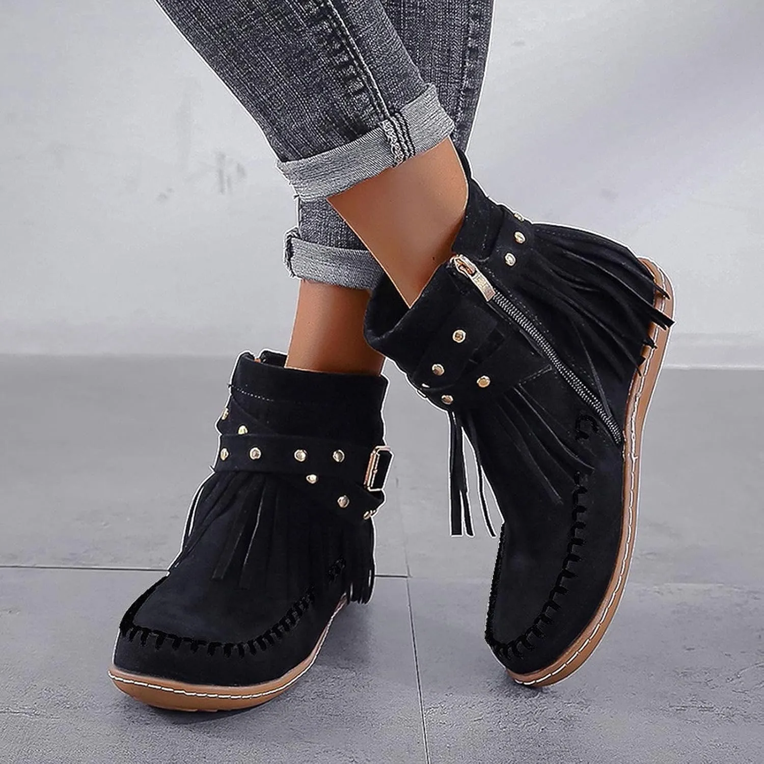 Boots for Women Tassel Plush Solid Color Side Zipper Suede Womens Boots Ultimate Comfort Flat Sole Ankle Boots
