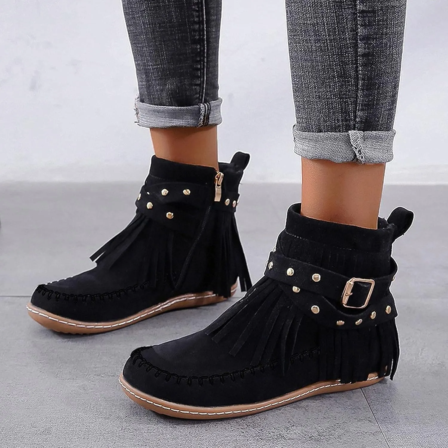 Boots for Women Tassel Plush Solid Color Side Zipper Suede Womens Boots Ultimate Comfort Flat Sole Ankle Boots