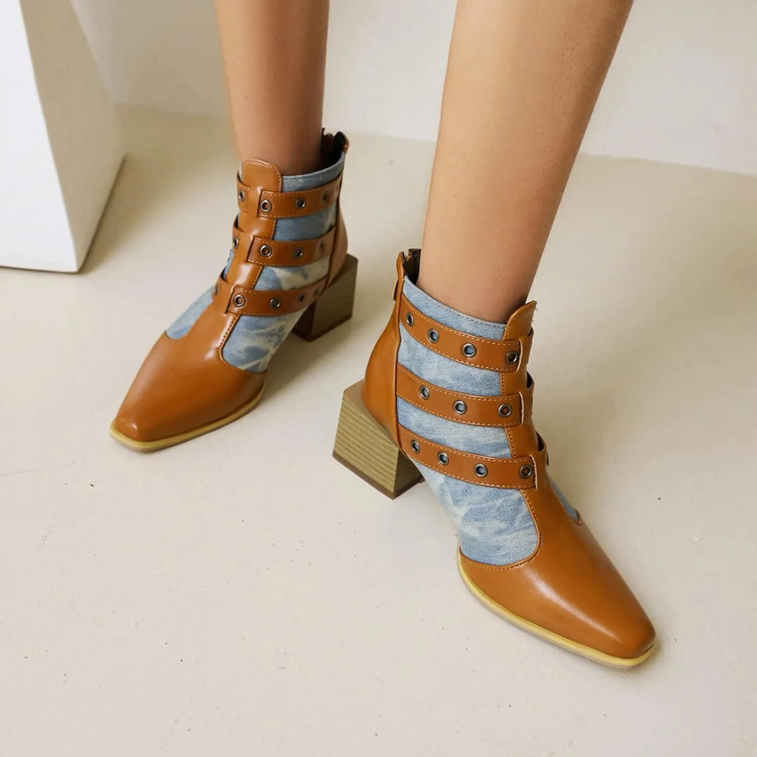Colorblock Ankle Boots for Women - Fashion Pointed Toe Three Buckles Strap Back Zipper Chunky Mid Heel Motorcycle Boots Casual Ladies Shoes