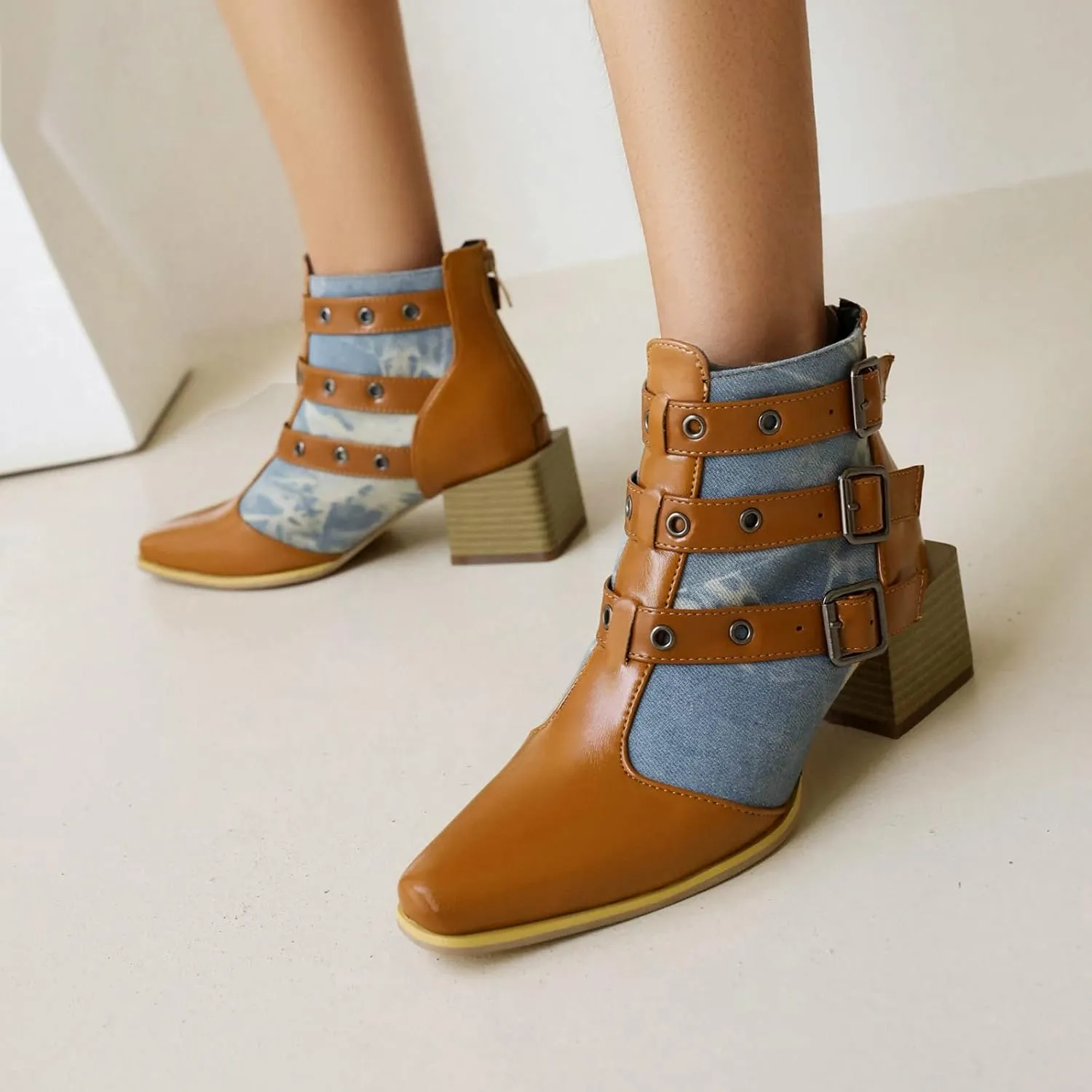 Colorblock Ankle Boots for Women - Fashion Pointed Toe Three Buckles Strap Back Zipper Chunky Mid Heel Motorcycle Boots Casual Ladies Shoes