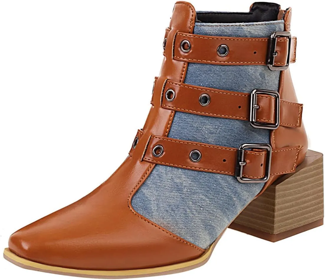 Colorblock Ankle Boots for Women - Fashion Pointed Toe Three Buckles Strap Back Zipper Chunky Mid Heel Motorcycle Boots Casual Ladies Shoes