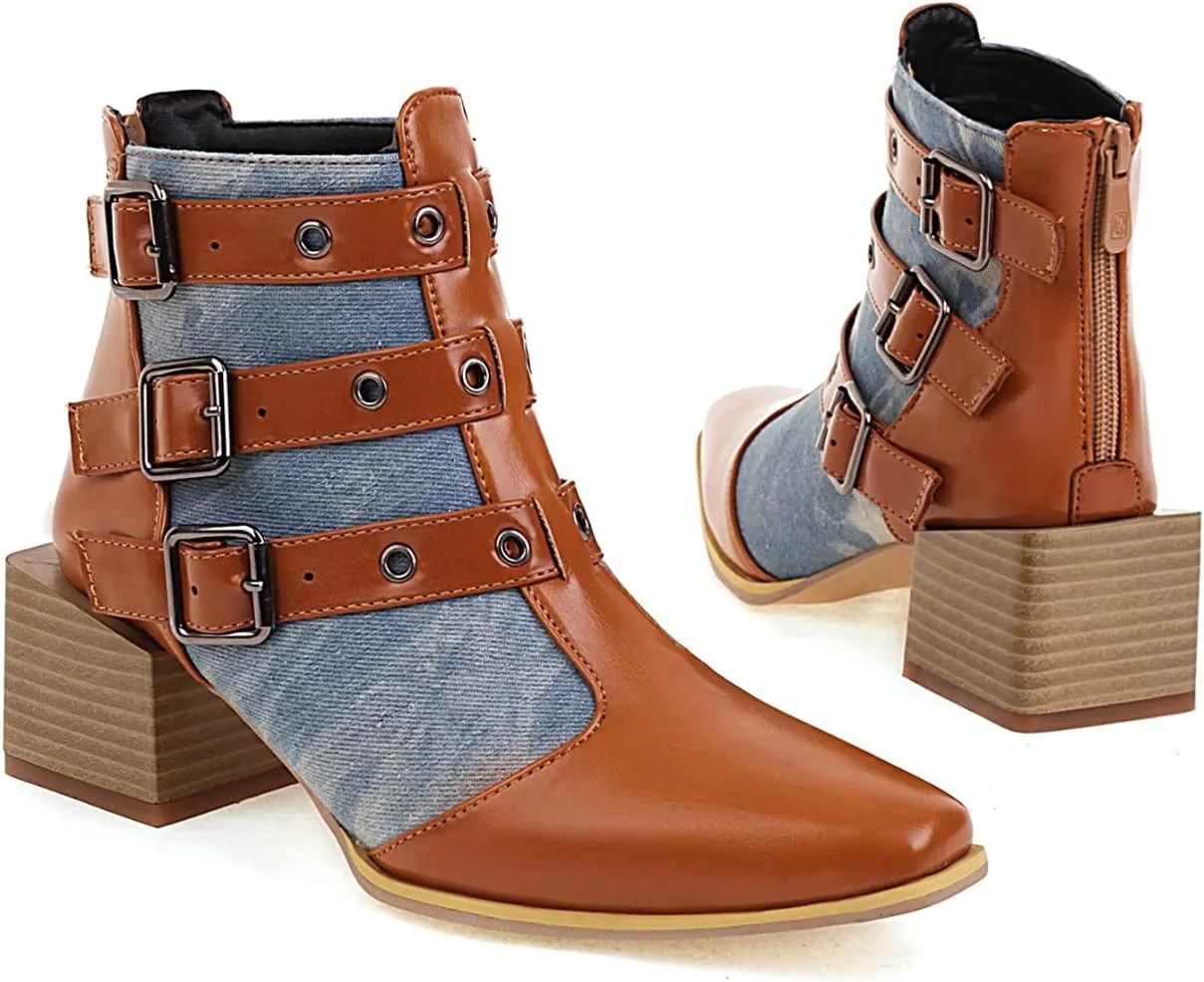 Colorblock Ankle Boots for Women - Fashion Pointed Toe Three Buckles Strap Back Zipper Chunky Mid Heel Motorcycle Boots Casual Ladies Shoes