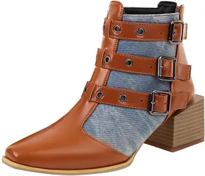 Colorblock Ankle Boots for Women - Fashion Pointed Toe Three Buckles Strap Back Zipper Chunky Mid Heel Motorcycle Boots Casual Ladies Shoes