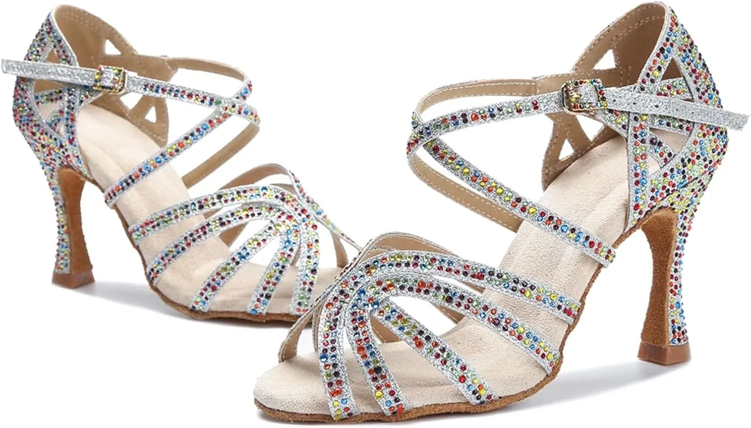Colorful Rhinestone Sandals - Salsa/Rumba Ballroom Dance Wedding Heels (9cm/3.54")