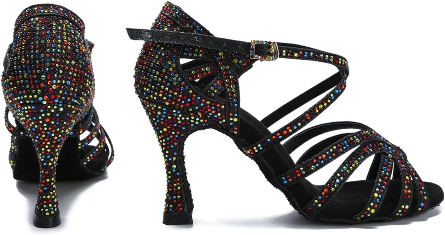 Colorful Rhinestone Sandals - Salsa/Rumba Ballroom Dance Wedding Heels (9cm/3.54")